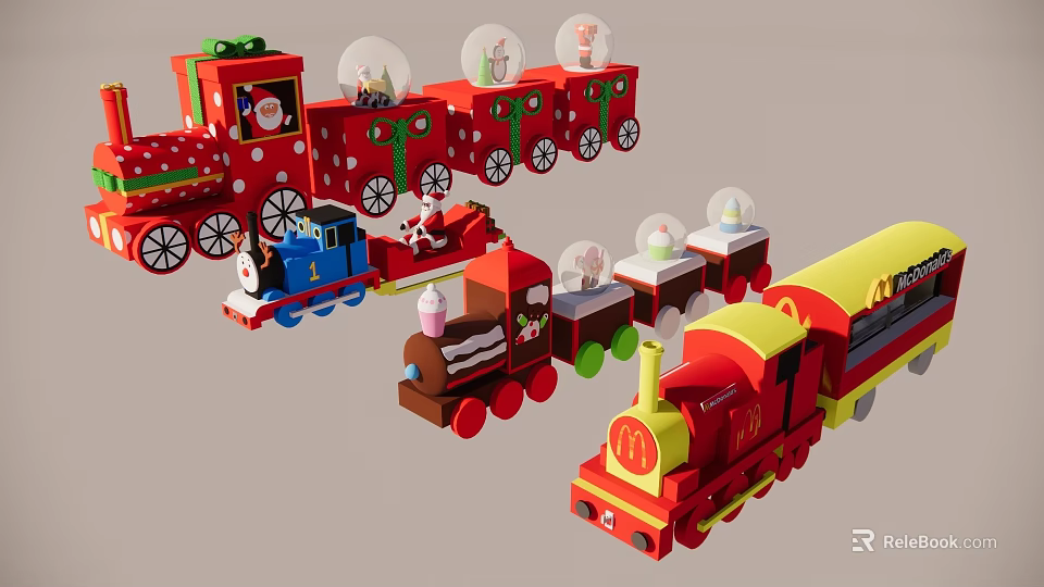 Vibrant Toy Trains With Cartoon Characters McDonald's Themed Carriages And Christmas Gift Decorations 3d model 