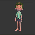 Cartoon Boy Character With Brown Hair Plaid Shirt Blue Shorts Standing Barefoot On Black Background
