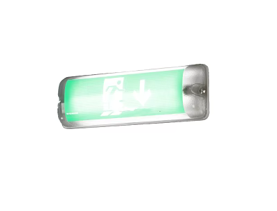 Green Emergency Exit Wall Light With Downward Arrow Mounted On Wall 3d model