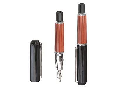 Elegant Wooden Fountain Pen Featuring Black Cap Chrome Trim And Metal Nib 3d model