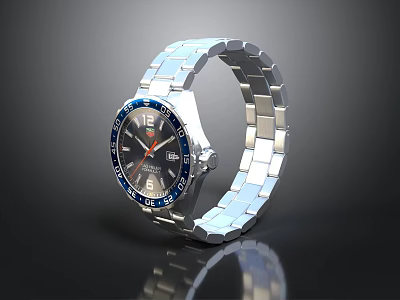 Stylish Modern Watch With Silver Metal Strap Black Dial Orange Hands Blue White Markers 3d model