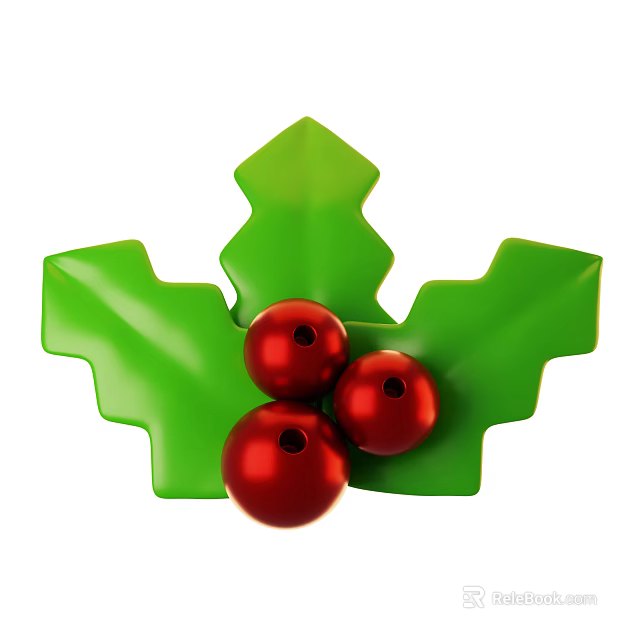 Festive Green Leaf Shaped Christmas Decorative Ornament Set with Red Berries 3d model 
