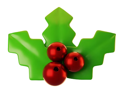 Festive Green Leaf Shaped Christmas Decorative Ornament Set with Red Berries 3d model