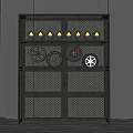 Black Metal Mesh Display Shelf With Car Wheels And Small Cone Shaped Lamps