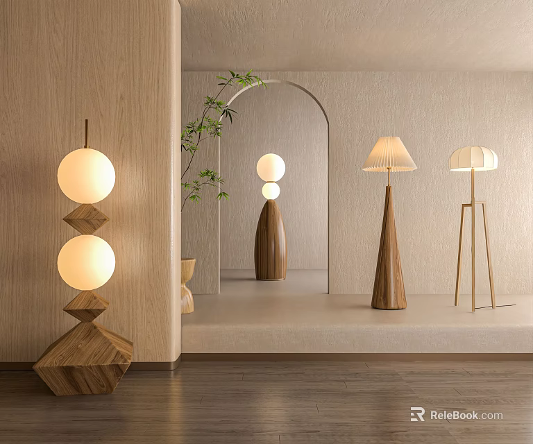 Modern Wooden Floor Lamps With Unique Designs In Minimalist Interior 3d model 