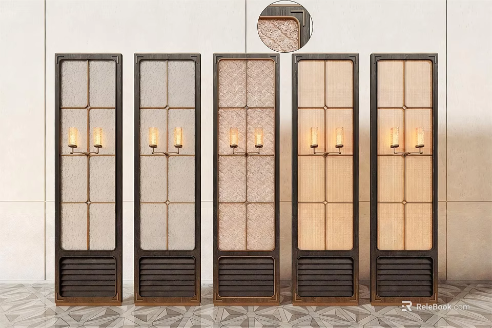 Modern Room Divider Screens With Different Grid Patterns Wooden Frames And Glass Panels 3d model