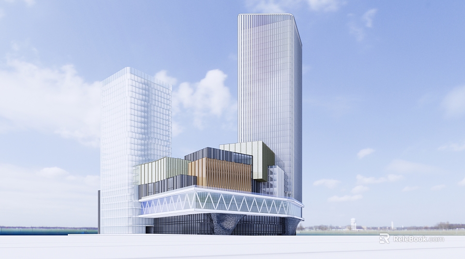 Modern Twin Office Building Skyscrapers With Glass Curtain Walls And Geometric Facade Design 3d model 