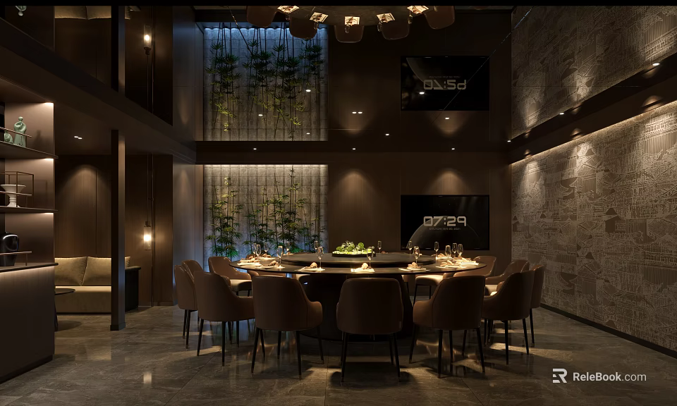 Elegant Modern Private Dining Room Interior With Round Table Chairs Green Plant Wall And TV 3d model 