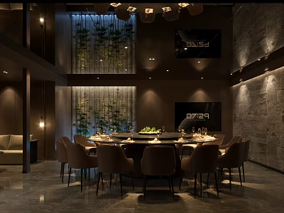 Elegant Modern Private Dining Room Interior With Round Table Chairs Green Plant Wall And TV 3d model