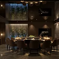 Elegant Modern Private Dining Room Interior With Round Table Chairs Green Plant Wall And TV