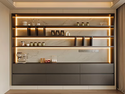 Modern Sideboard With LED Lighting Multi tiered Shelves Marble Backsplash And Storage Drawers 3d model