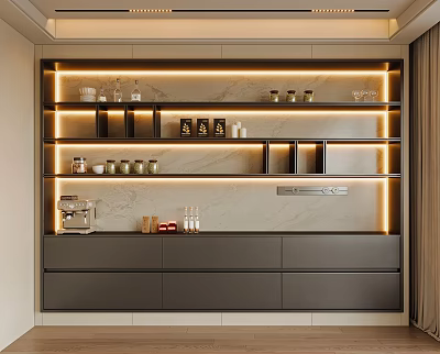 Modern Sideboard With LED Lighting Multi tiered Shelves Marble Backsplash And Storage Drawers 3d model