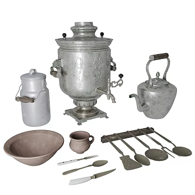 Vintage Tableware Set with Silver Samovar Milk Canister Teapot Ceramic Bowl Mug and Metal Utensils 3d model
