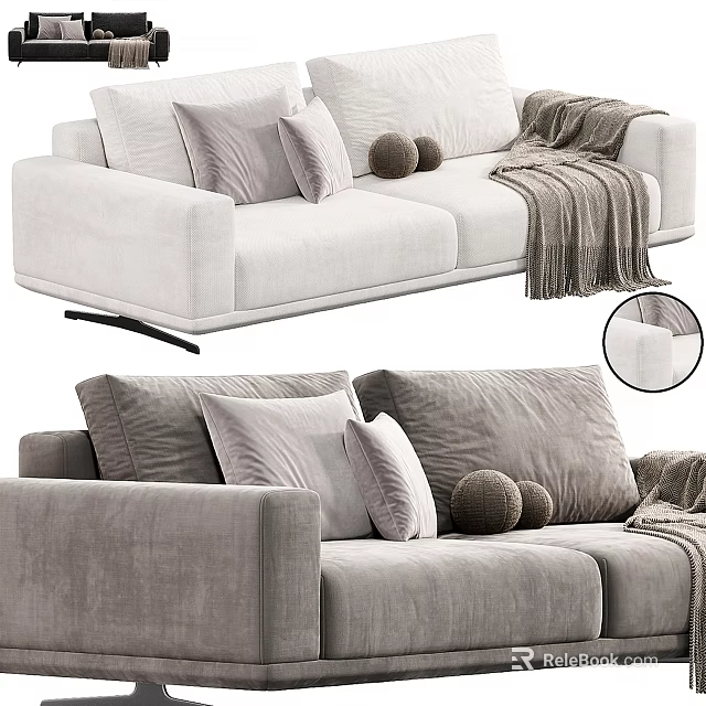Velvet Two Seater Sofa In Gray And White With Soft Pillows Decorative Balls And Throw Blanket 3d model 