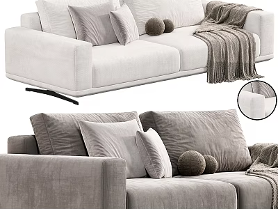 Velvet Two Seater Sofa In Gray And White With Soft Pillows Decorative Balls And Throw Blanket 3d model