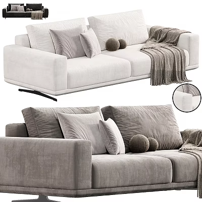 Velvet Two Seater Sofa In Gray And White With Soft Pillows Decorative Balls And Throw Blanket 3d model