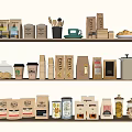 Organized Food Items On Wooden Shelves With Coffee Packages Cookies And Pastries