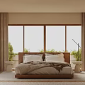 Beige Bedroom Interior Design With Large Windows Plants Wooden Bed And Area Rug