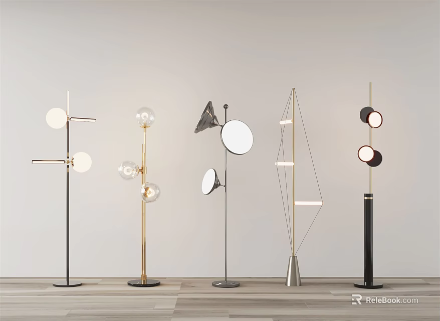 Stylish Modern Floor Lamps With Various Unique Shapes And Metal Stands 3d model 