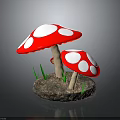 Red Mushrooms With White Spots Growing On Soil And Green Grass