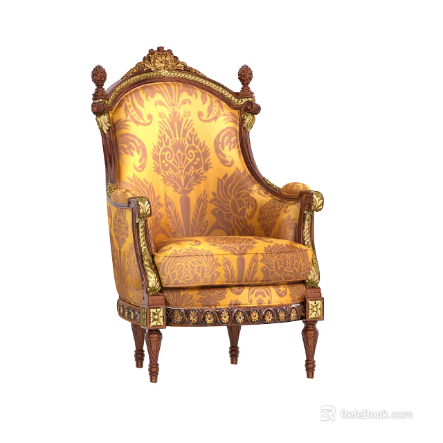 Ornate Single Sofa With Gold Accents Brown Wooden Frame And Floral Pattern Fabric 3d model 