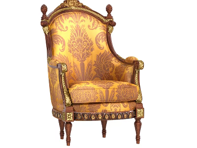 Ornate Single Sofa With Gold Accents Brown Wooden Frame And Floral Pattern Fabric 3d model