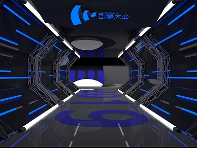 Futuristic Industrial Equipment with Metallic Structures and Blue Lighting in Modern Passageway 3d model