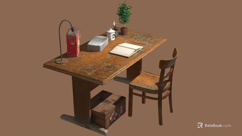 Vintage Wooden Desk With Chair Table Lamp Red Box Silver Box And Potted Plant 3d model 