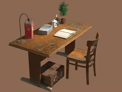 Vintage Wooden Desk With Chair Table Lamp Red Box Silver Box And Potted Plant 3d model