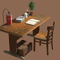 Vintage Wooden Desk With Chair Table Lamp Red Box Silver Box And Potted Plant