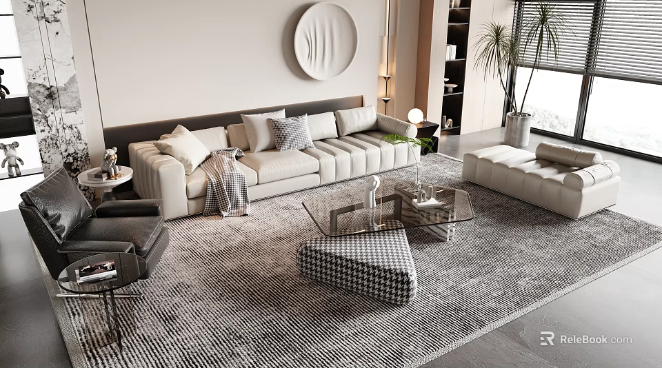 Modern Beige Sofa And Glass Coffee Table Set With Ottoman Geometric Rug 3d model 