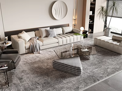 Modern Beige Sofa And Glass Coffee Table Set With Ottoman Geometric Rug 3d model