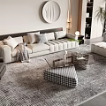 Modern Beige Sofa And Glass Coffee Table Set With Ottoman Geometric Rug