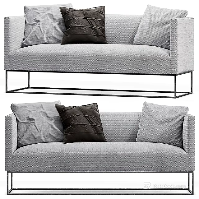 Modern Two Seater Sofa With Gray Fabric And Black Metal Frame Decorative Cushions 3d model 
