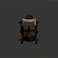 Ancient Military War Vehicle Featuring Wooden Catapult Mechanism Red Wheels And Canvas Canopy