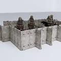 Game Movie Characters In Combat Gear Standing In Stone Wall Enclosure With Weapons