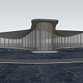 Modern Sales Office Building With Curved Roof Glass Curtain Wall Water Pool Reflection And Sunset