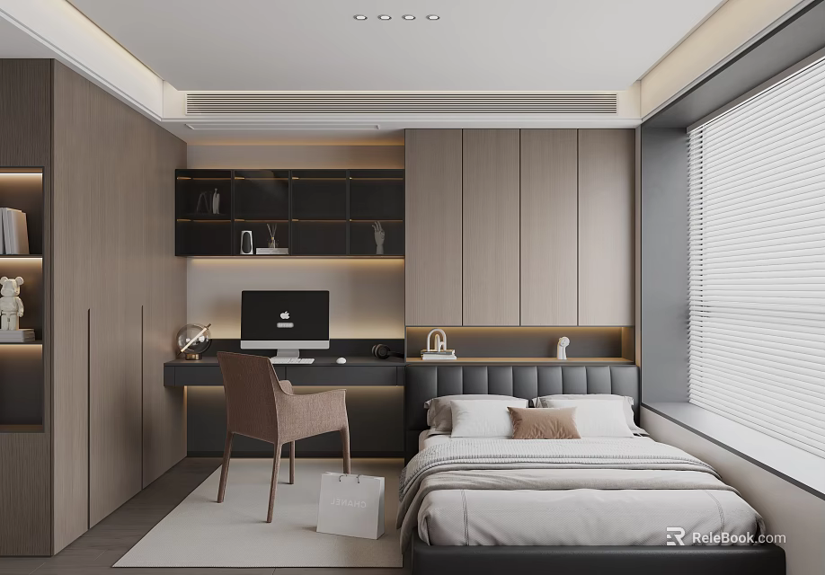 Modern Tatami Bedroom Interior With Wooden Cabinets Desk Chair And Window Blinds 3d model 