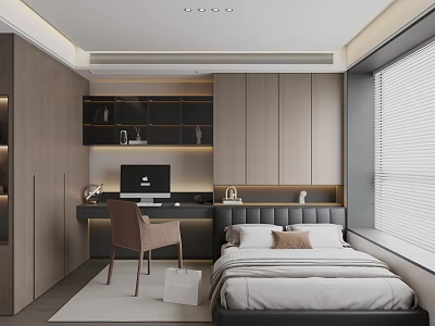 Modern Tatami Bedroom Interior With Wooden Cabinets Desk Chair And Window Blinds 3d model