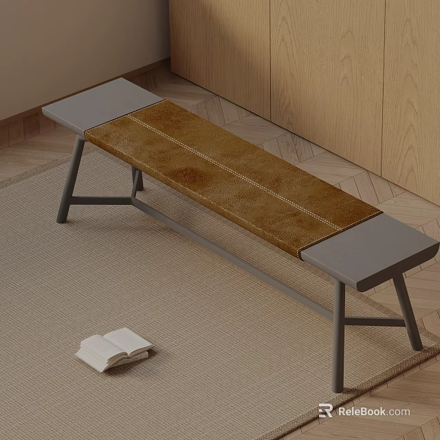 Bench With Brown Seat Gray Ends Black Metal Legs On Light Carpet With Open Book 3d model 