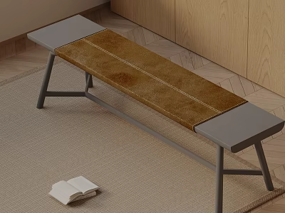 Bench With Brown Seat Gray Ends Black Metal Legs On Light Carpet With Open Book 3d model