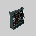 Vintage Blue Wooden Kitchen Shelf Displaying Glass Jars Bowls Plates And Chili Peppers