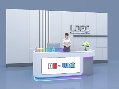 Modern White Reception Desk With IM WIN Sign LED Lights Flower Arrangement And Vertical Stripes 3d model
