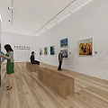 Art Gallery Interior With Visitors Viewing Paintings On White Walls And Wooden Floor