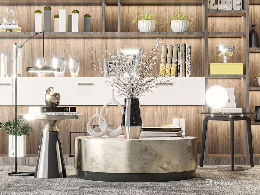 Modern Round Coffee Table With Marble Surface Decorative Vase Books And Plants On Wooden Shelves 3d model 