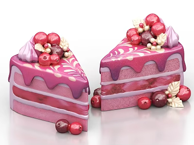 Delicious Layered Pink Purple Cake Slices With Red Berries And Cream Decorations 3d model