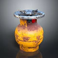 Yellow Rusty Gas Cylinder With Metal Burner Top And Control Knobs For Daily Household Use