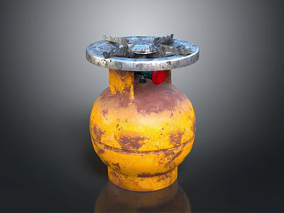 Yellow Rusty Gas Cylinder With Metal Burner Top And Control Knobs For Daily Household Use 3d model