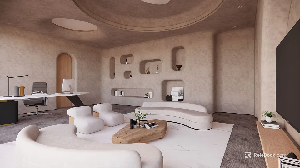 Modern Living Room With Curved Sofa Wooden Coffee Table Built in Niches And Circular Ceiling 3d model 