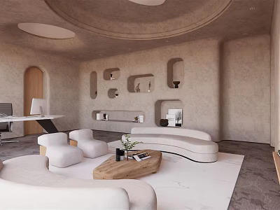 Modern Living Room With Curved Sofa Wooden Coffee Table Built in Niches And Circular Ceiling 3d model